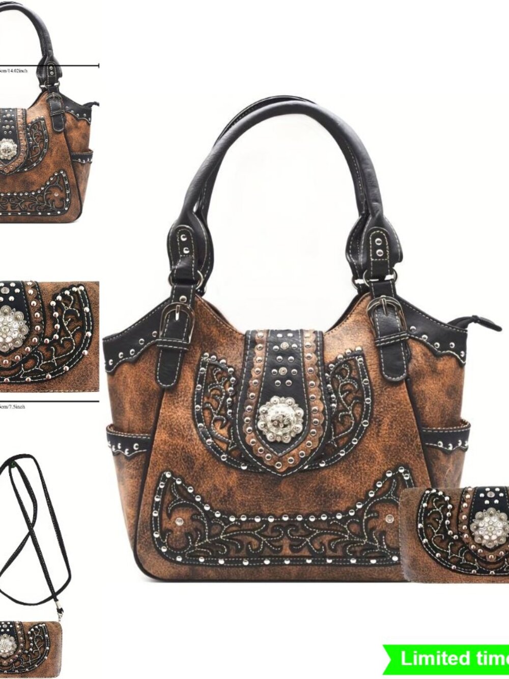 Western Cowgirl Studded Handbag and Wallet Set with Zipper Closure